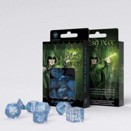 Set de Dés Elfique - Transparent & Bleu (7) Set de Dés Elfique - Transparent & Bleu (7)